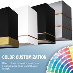 an advertisement for color customization, with different colors and sizes on the wall behind it