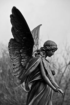 a statue of an angel holding a baby in her arms with trees in the background