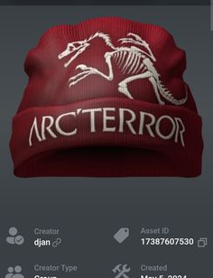 a red hat with the word arcterro on it and an image of a dinosaur