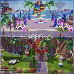 two screens showing different scenes from the game, and one shows an outdoor area with palm trees