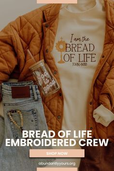 bread of life embroidered crew t - shirt with jeans and coffee mug