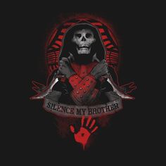 a skeleton holding two knives and wearing a hoodie with the words, silence my brother on it