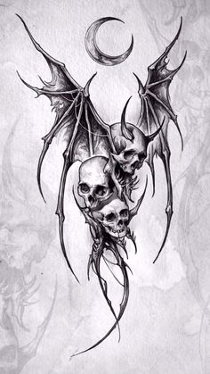 a drawing of two skulls with bats on their heads and the moon in the background