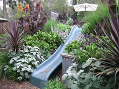 a blue slide in the middle of a garden