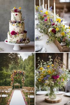 wedding cake, flowers and candles are arranged on the table at this rustic outdoor ceremony