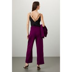 Purple crepe (100% Polyester). Lining (100% Polyester). Pants. Front zipper fly with button closure. 29" inseam. 13" rise. Imported. Chic Ankle-length Evening Pantsuit, Chic Evening Bottoms In Viscose, High-waisted Viscose Wide Leg Pants For Work, Elegant High-waisted Viscose Pants, Formal Viscose Wide Leg Pants, Chic Evening Pants In Viscose, Elegant Viscose Wide Leg Pants For Work, Chic Ankle-length Pantsuit For Night Out, Party Ankle-length Tailored Dress Pants