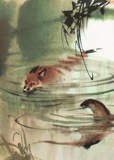 a painting of a fox swimming in the water next to another animal that is floating