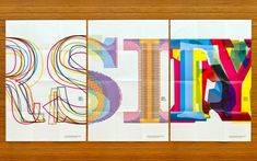 three different types of typogramic type on paper, each with different colors and sizes