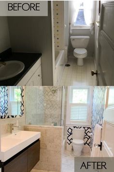 before and after photos of a bathroom remodel