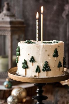 a white frosted cake with green trees on it and two candles sticking out of the top