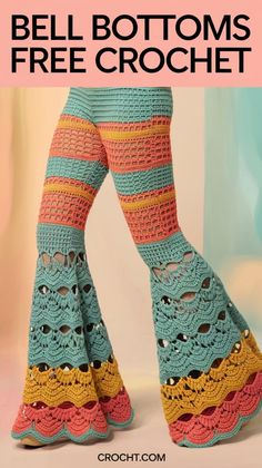 a woman's legs in crochet with the text, free pattern for bell bottoms