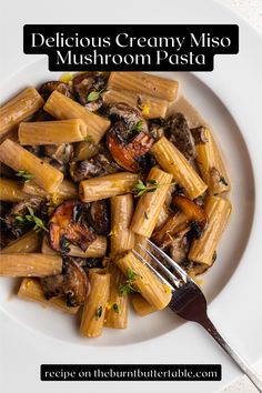 White plate with rigatoni in a creamy miso mushroom sauce. Golden mushrooms on top and a fork resting into pasta. Food Definition, Burnt Butter, Miso Recipe, Creamy Parmesan Sauce, Vegetable Crisps, Creamy Mushroom Pasta, Vegetarian Pasta Recipes