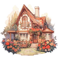 Cozy Cottage with Summer Flowers in Rustic and Cottagecore Style Ipad Pics, Bloxburg Inspiration, Cottage Drawing, House Illustrations, Cottagecore House, Cottage Core House, Cottagecore Living, Fantasy Cottage, Gnome Pictures