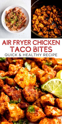 air fryer chicken taco bites in a skillet with limes and cilantro