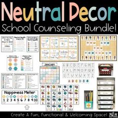 the neutral decor school counseling bundle includes posters, numbers and other items to help students practice their writing skills