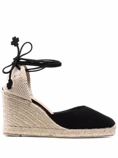 Black suede Carina suede wedge espadrilles from Castañer featuring branded insole, round toe, tie-fastening ankle strap and mid wedge heel.