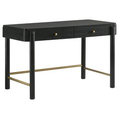 a black and gold desk with two drawers on one side, an open drawer at the top