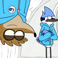 an animated image of a bird and a man in blue clothing standing next to each other