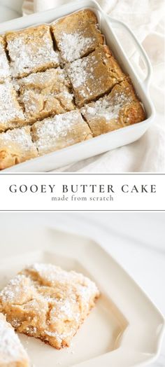 a close up of a dessert on a plate with the words gooey butter cake