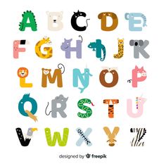 the alphabet is made up of different types of animals and letters, all in various colors