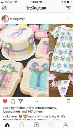 an instagram page with decorated cookies and baby items on it, including a cake