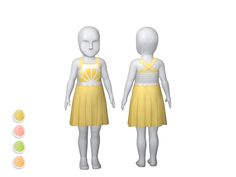 two white mannequins wearing yellow dresses with buttons in the bottom right corner