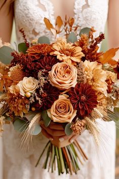 a bride holding a bouquet of flowers in her hands