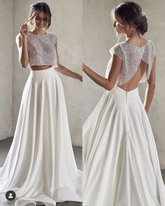 two piece wedding dress with open back and beaded crop top, white satin skirt