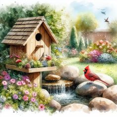 a painting of a bird house with a red cardinal perched on it