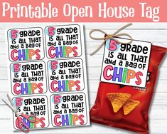 a bag of chips with the words printable open house tag on it and an image of