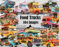 the food trucks are painted in watercolor and have many different designs on their sides