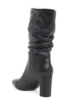 A slouchy shaft brings sophisticated style to a pull-on boot fashioned with a pointed toe and wrapped block heel. Synthetic upper, lining and sole Imported Fall Boots With Wrapped Heel, Fall Night Out Boots With Wrapped Heel, Wide Calf Mid-calf Boots For Evening In Fall, Evening Wide Calf Mid-calf Boots For Fall, Chic Evening Mid-calf Boots With Stacked Heel, Heel Boot, Block Heel Boots, Pull On Boots, Marc Fisher