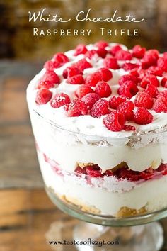 a white chocolate raspberry trifle in a glass dish