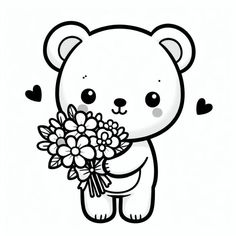 a black and white drawing of a teddy bear holding a bouquet of flowers with hearts in the background