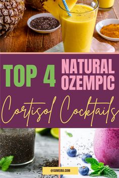 Three cortisol cocktails: a vibrant berry and chia seed drink, a refreshing black tea and chia seed mix with lime, and a tropical pineapple and coconut water blend with chia seeds. Natural Cortisol Drink, Homemade Cortisol Drink, Natural Cortisol Cocktail, Cortisol Cocktail Tumeric, Cortisol Detox Recipes, Cortisol Smoothie, Cortisol Reducing Drink, 4 Ingredient Natural Mounjaro, Homemade Cortisol Cocktail