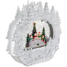 a snowman and santa clause scene in a white frame with trees on the side