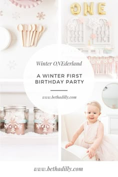 Winter ONEderland | A Winter First Birthday Party | Bethadilly Photography | www.bethadilly.com Winter Onederland Party Crafts, 1st Birthday Party Ideas December, 1st Birthday In December Party Ideas, Winter Onederland 1st Birthday, New Year First Birthday Party, Winter Theme Party Decorations, One Year Old Birthday Party Girl Winter, Winter First Birthday Photoshoot, Winter Wonderland First Birthday Girl