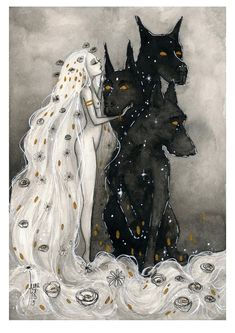 a painting of two women standing next to each other in front of a black dog