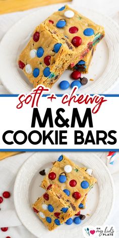 soft and chewy m & m cookie bars on white plates with text overlay