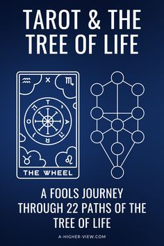 tarot and the tree of life poster with white lines on dark blue background,