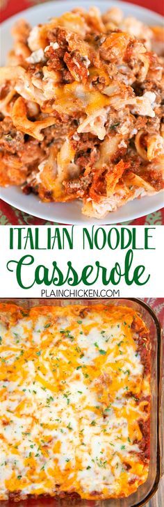 an italian noodle casserole is shown in two different pictures and has cheese on top