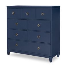 a blue dresser with gold handles and knobs on the top drawer, against a white background