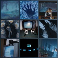 a collage of pictures with cats and hands on them, including a television screen