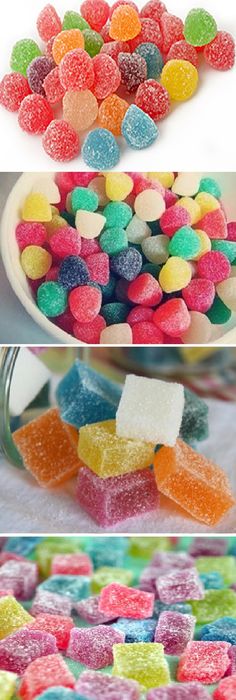 different colored candies are shown in this collage