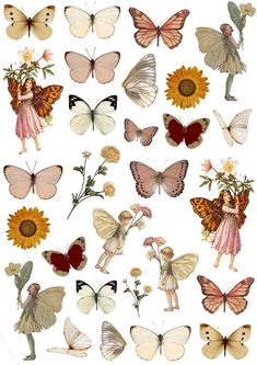 various butterflies and flowers are shown in this image, including one with a fairy on it