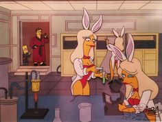 an animated scene with two rabbits in the kitchen