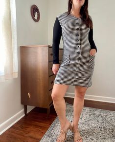 "Adorable 1960s vintage long-sleeve mini dress in a retro houndstooth pattern and featuring drop-front pockets. Great condition.  Tagged size 8; Best for Small-Medium. Refer to measurements for best fit. Modeled on size Small/6.  Unlined; feels like a wool or synthetic blend, very soft, NOT itchy! All measurements are taken with the garment laying flat, doubled for the bust, waist and hips.  Shoulders: 16\" Bust: 36\" Waist: 32\" Hips: 40\" Length: 34\" All sales are final. Please feel free to a Retro Long Sleeve Mini Dress For Fall, Vintage Long Sleeve Mini Dress For Fall, Retro Mini Dress For Workwear In Fall, Retro Mini Dress For Fall Workwear, Fall Retro Long Sleeve Mini Dress, Long Sleeve Gingham Dress For Work, Casual Long Sleeve Fitted Tweed Dress, Long Sleeve Tweed Dress With Houndstooth Pattern For Work, Fall Gingham Mini Dress