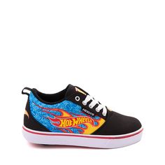 Heelys x Hot Wheels™ Pro 20 Skate Shoe - Little Kid / Big Kid - Black / Blue / Red Black Skate Shoes With Graphic Print For Sports, Black Graphic Print Skate Shoes For Sports, Black Sneakers With Graphic Print For Skateboarding, Black Graphic Print Sneakers For Skateboarding, Black Skate Shoes With Logo Print For Sports, Black Logo Print Skate Shoes For Sports, Wheel Shoes, Kids Skates, Shoe Size Chart Kids