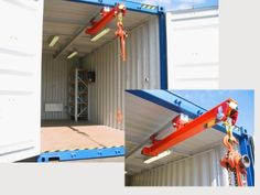 two pictures of the inside of a container being lifted by a crane with other containers in the background