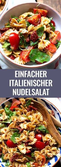 two bowls filled with pasta and vegetables next to each other